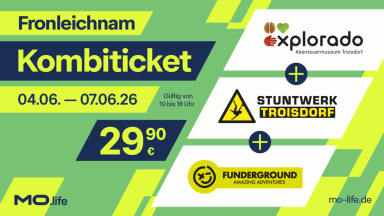 Promo banner for a Kombiticket offer: dates 04.06–07.06.26, price 29,90€ with MO.life branding and partner logos Explorado and Funderground (Troisdorf).